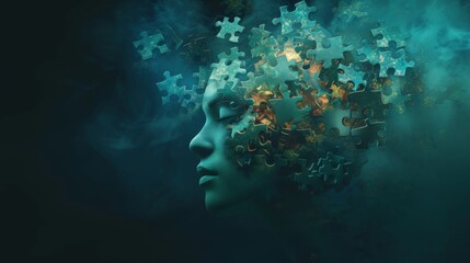 An abstract human head with jigsaw puzzle pieces floating around it, each piece glowing, in a dark mystical background Created Using Abstract human head, floating jigsaw pieces, glowing effect,