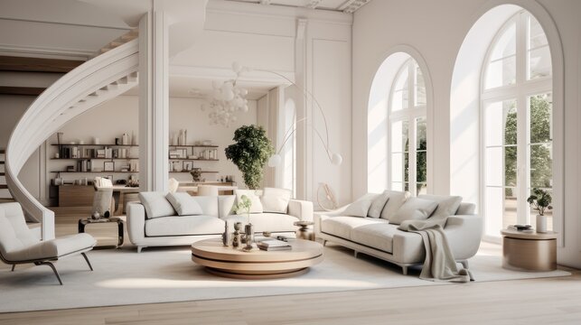 Luxurious family room interior, modern house in classic European style, white walls, floors and furniture.