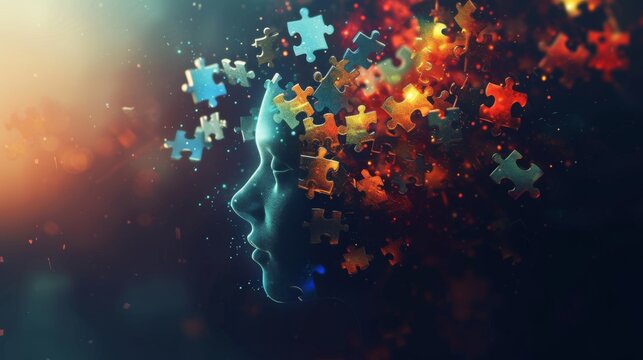 An abstract human head with jigsaw puzzle pieces floating around it, each piece glowing, in a dark mystical background Created Using Abstract human head, floating jigsaw pieces, glowing effect,