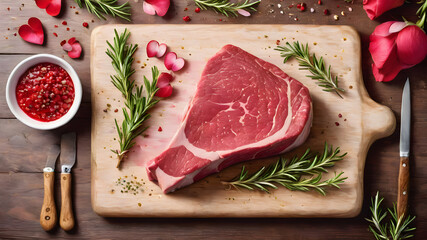 Fresh raw beef and pork steaks adorned with rosemary on a white plate, creating a delicious and nutritious dinner meal - obrazy, fototapety, plakaty