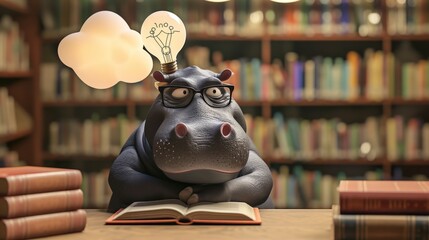 An animated hippo wearing glasses, reading books in a library, with a thought bubble showing a lightbulb, representing the idea generation process Created Using Animated style, hippo with glass