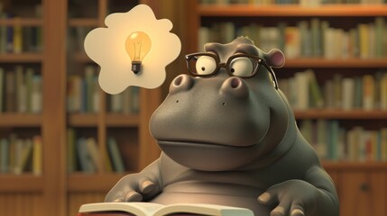An animated hippo wearing glasses, reading books in a library, with a thought bubble showing a lightbulb, representing the idea generation process Created Using Animated style, hippo with glass
