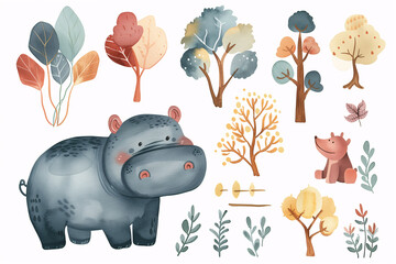Charming children's watercolor illustration featuring a cute hippo and bear with a backdrop of colorful autumn trees and leaves, ideal for educational or decorative purposes.