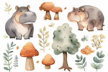 Whimsical watercolor illustration of cute hippopotamuses with forest elements, including trees, mushrooms, and a fish, perfect for children's storybooks or educational materials.