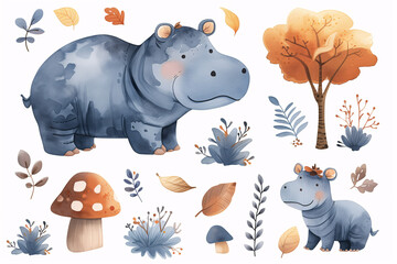 A charming watercolor illustration featuring a friendly cartoon hippopotamus surrounded by autumnal trees, leaves, and mushrooms, ideal for children's educational materials.