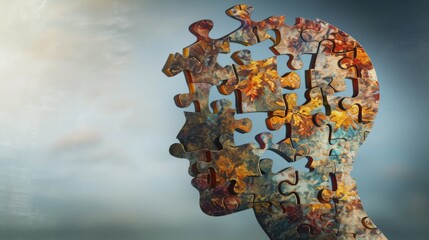 An artistic rendering of a head where the brain area is illustrated with interconnected puzzle pieces, emphasizing the unique cognitive processes in autism Created Using Artistic rendering, int