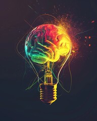 An artistic rendering of a lightbulb with its filament transforming into a colorful human brain, set against a dark background to highlight the colors Created Using Artistic style, filament-to-