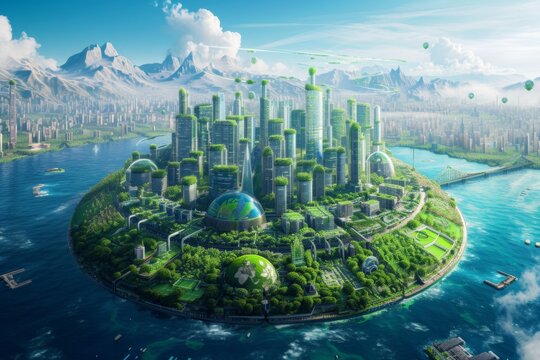An artistic rendering of Earth rejuvenating through sustainable practices, with visuals of clean oceans and green cities Created Using Artistic style, rejuvenated Earth, clean oceans, green urb
