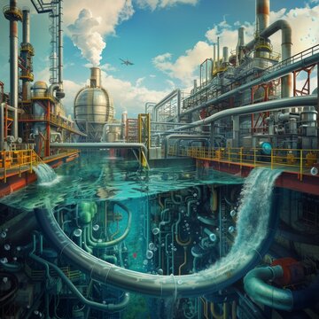 An artistic representation of a factory where the machinery integrates elements of the water cycle and carbon dioxide processing, symbolizing the chemical interactions Created Using Conceptual