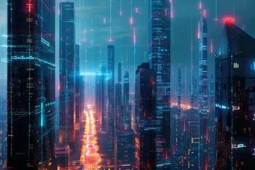 Foto op Canvas An illustration of a future cityscape with secure data towers and encrypted networks, representing the evolution of cybersecurity Created Using Futuristic urban landscape, towering data centers © kwanchanok