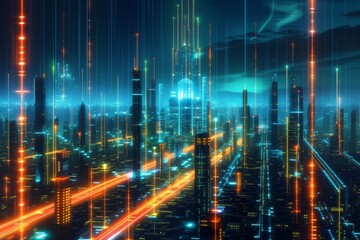 An illustration of a future cityscape with secure data towers and encrypted networks, representing the evolution of cybersecurity Created Using Futuristic urban landscape, towering data centers