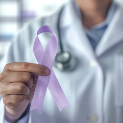 Close-up of a doctor's hand with stethoscope, holding a lavender ribbon symbolizing all cancer awareness, on a blurred clinic background The image emphasizes universal cancer support Created Us