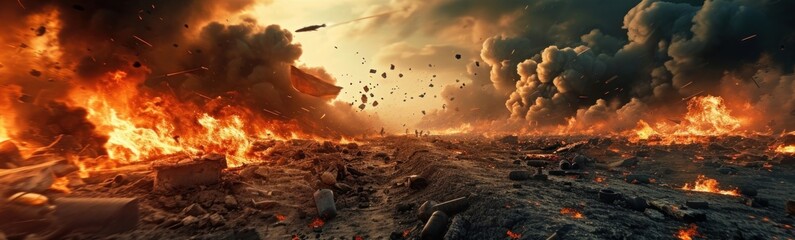 military bombing or air strike burning target location with missile rockets and shells with fire and smoke at destroyed warzone for world war and explosion concepts, wide copy space, Generative AI