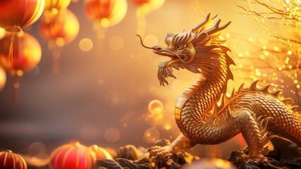 Obraz premium Chinese New Year background with a golden dragon and lanterns