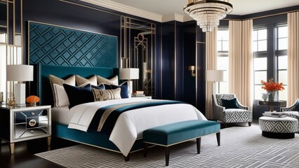 Art Deco-inspired bedroom with geometric patterns.