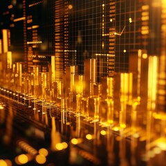 A 3D illustration of a dynamic gold investment graph, with gold bars increasing in height against a digital financial grid background The image is illuminated with glowing effects to emphasize