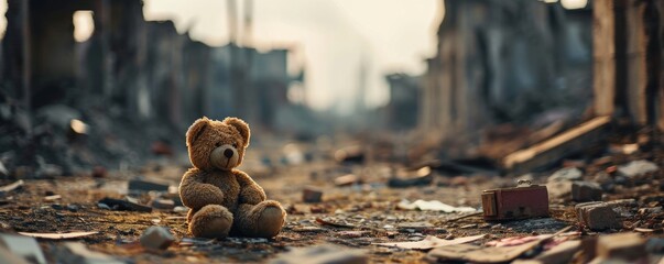 kids teddy bear toy over city burned destruction of an aftermath war conflict, earthquake or fire and smoke of world war against children peace innocence as copyspace, Generative AI - obrazy, fototapety, plakaty