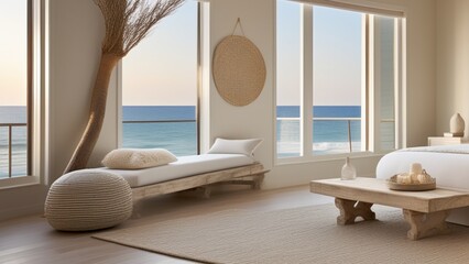 Coastal-inspired bedroom with a whitewashed bed frame, seashell accents, and driftwood decor.