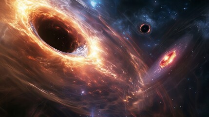 Moment of collision of two supermassive black holes, debris flung into deep space, an ethereal being skimming along the accretion disc