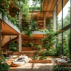 Fototapeta premium Modern room interior with fireplace, windows and green plants.