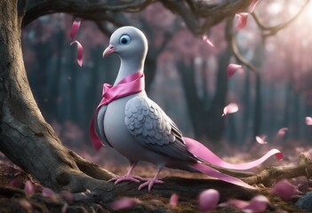 Cute colorful cartoon pigeon standing on the tree in the jungle.