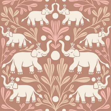 Sacred Indian Elephant seamless pattern with plants, retro looking pattern with jungle soft elements