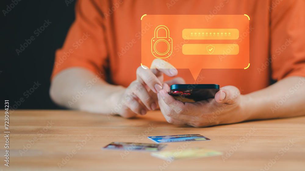 Poster Man type password for smartphone. Cyber ​​security and data protection, protect financial transaction data from cyber attack, user private data security encryption, internet network security.