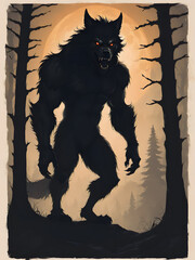 Halloween night has a big werewolf in the forest and spooky silhouettes.