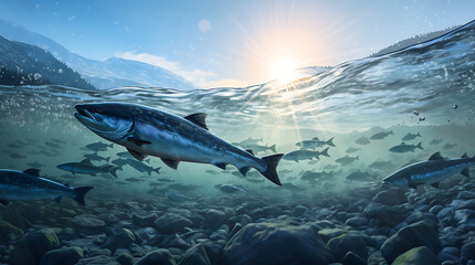 schools of salmon that are migrating to the sea to grow and develop - obrazy, fototapety, plakaty