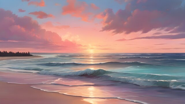 Illustration of a beach at sunset with gentle waves