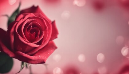 Vibrant red rose with dew drops is highlighted against a soft pink background with bokeh lights. 