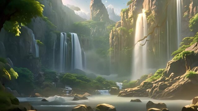view of waterfall in the mountains. cartoon and anime style