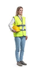 Engineer with hard hat and badge on white background
