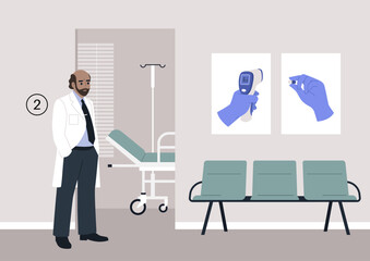 A senior male doctor, dressed in a white robe, stands next to his cabinet in the hospital hall, ready for a medical checkup appointment