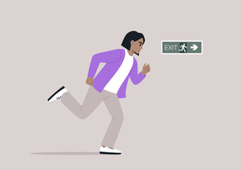 A young character is sprinting towards a direction indicated by an evacuation green sticker, following an emergency situation plan, the scene illustrates the urgency and adherence to safety protocols