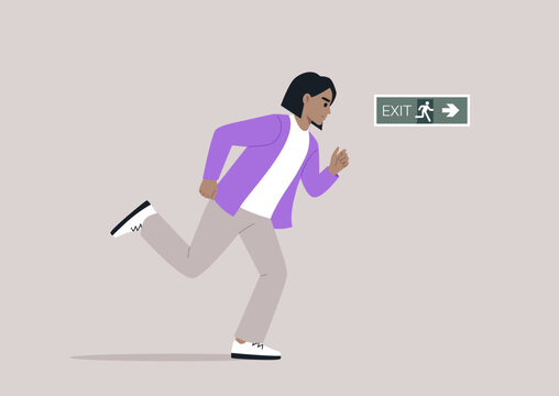 A young character is sprinting towards a direction indicated by an evacuation green sticker, following an emergency situation plan, the scene illustrates the urgency and adherence to safety protocols