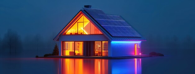 3D model miniature smart home with solar panels rooftop system for renewable energy. AI generated