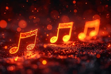 Glowing musical notes illuminate a dark, textured surface, creating a magical atmosphere. Ideal for music events, concerts, and artistic projects
