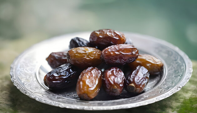 Dates-on-a-silver-plate-decoration--blur-nature-background--food-for-Ramadan