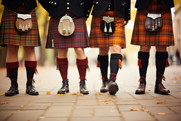 legs of Scottish men in traditional costumes - obrazy, fototapety, plakaty