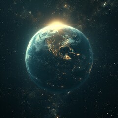 Obraz premium The planet, surrounded by shimmering stardust constellations, radiating a soft glow, For decoration room, science lover, astronomy, astronaut.