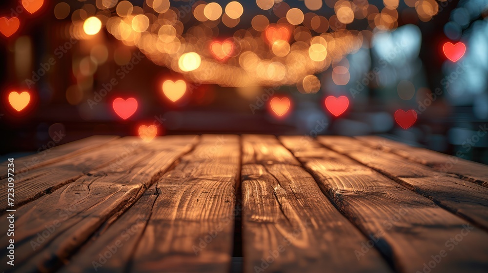 Poster Empty wooden table with blurred background, Heart-shaped bokeh lights, valentine day. Generative AI.