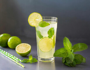 A glass of lemonade drink with a lime slice and mint leaves