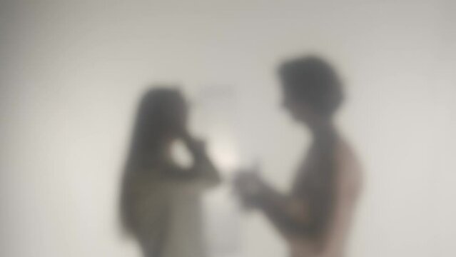 Silhouette of a couple arguing behind frosted glass or curtain. The woman slaps the man, then they embrace. HDR BT2020 HLG Material.