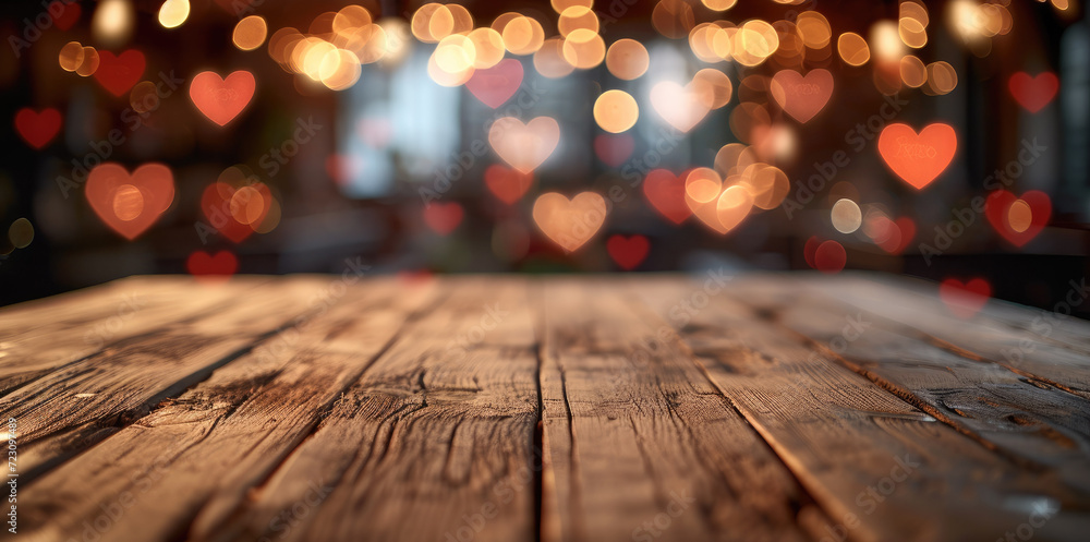 Poster Empty wooden table with blurred background, Heart-shaped bokeh lights, valentine day. Generative AI.