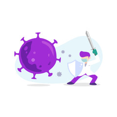 Scientist with surgeon mask fight corona virus from spreading with shield and sword concept illustration