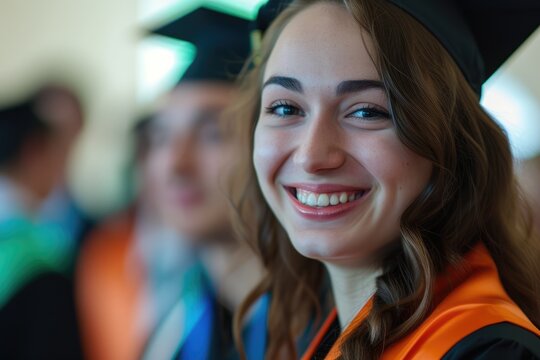 A jubilant female graduate stands in the foreground, her smile radiant and full of pride. She is dressed in traditional academic regalia with a black gown and mortarboard,  AI generated
