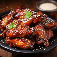 Baked chicken wings in teriyaki sauce with sesame seeds