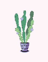 Vector illustration of a home plant in a pot with an ornament. Cartoon hand drawn style. Isolated elements.