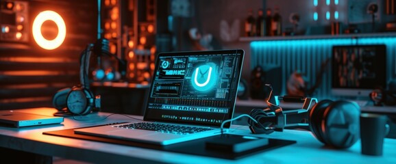 Naklejka premium A modern laptop with smart digital futuristic technology screen background. AI generated image
